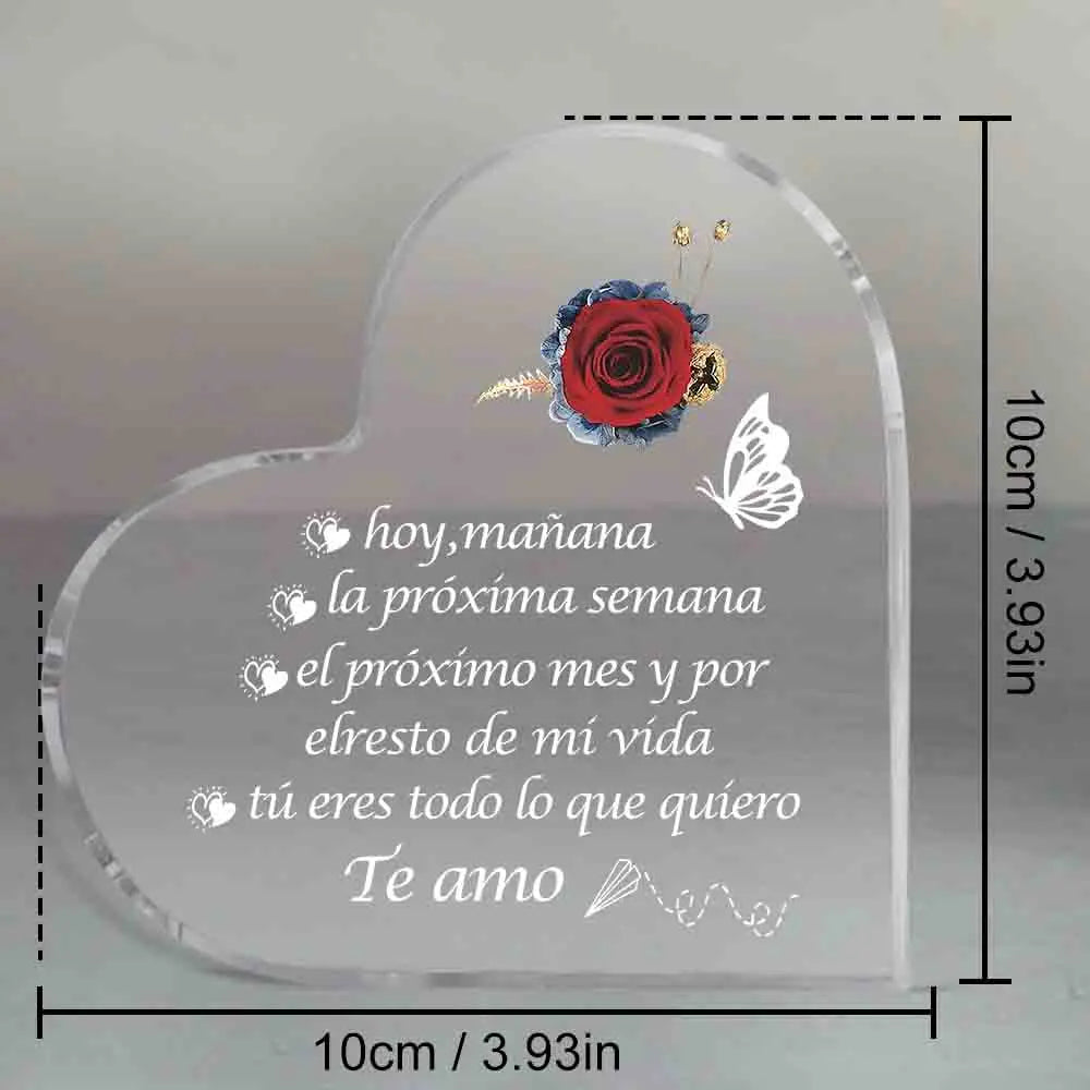 Clear acrylic heart plaque engraved with a red rose and Spanish love message