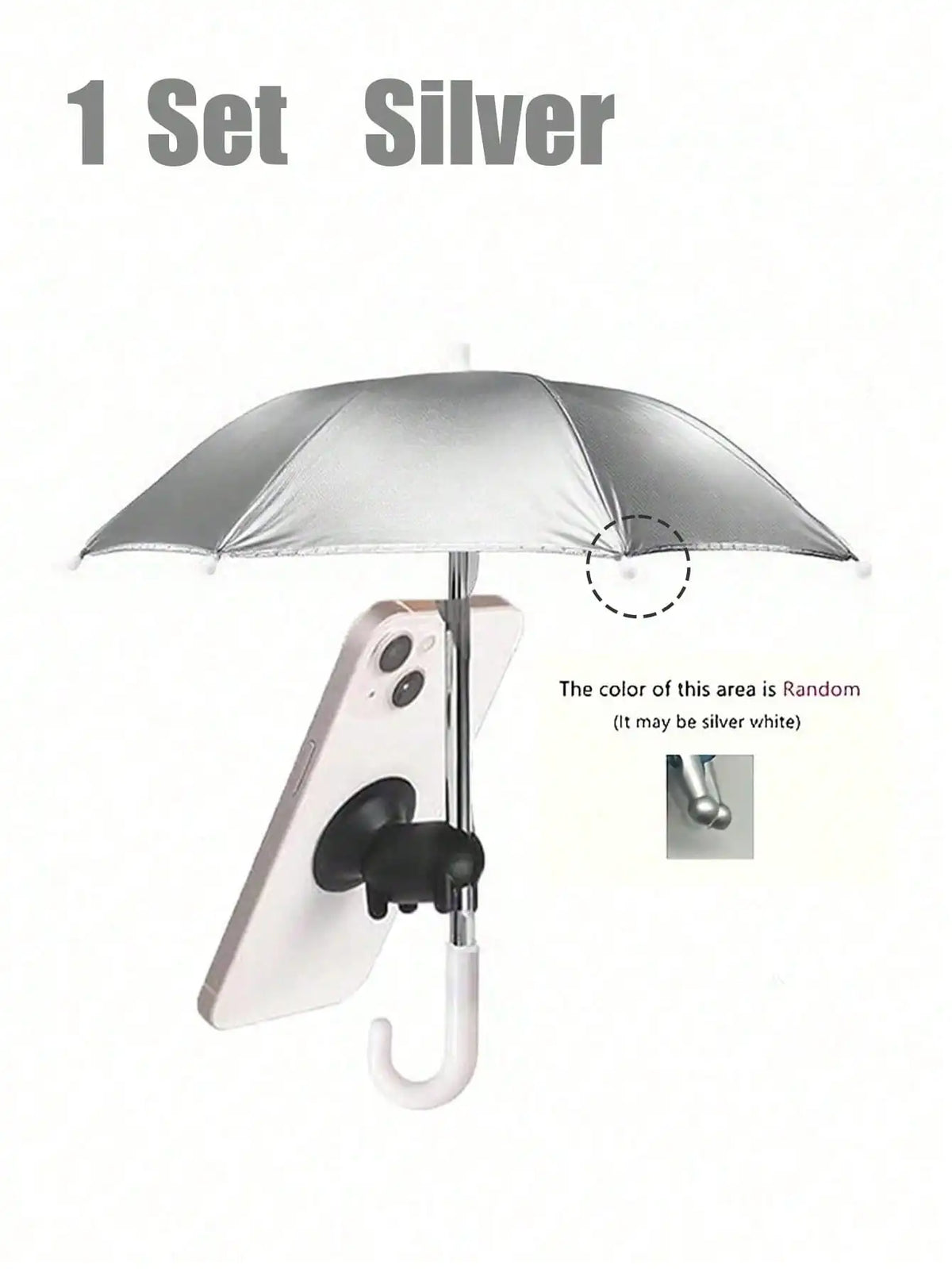 A silver UV-blocking phone sunshade with an adjustable suction cup stand is shown above a smartphone.