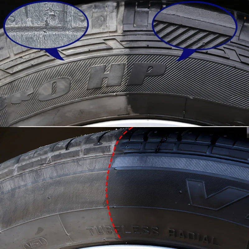 Close-up view of a tire tread and rim with HP branding and tubeless radial text.