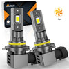 Two LED headlight bulbs with yellow wiring and a fan are shown next to their packaging.