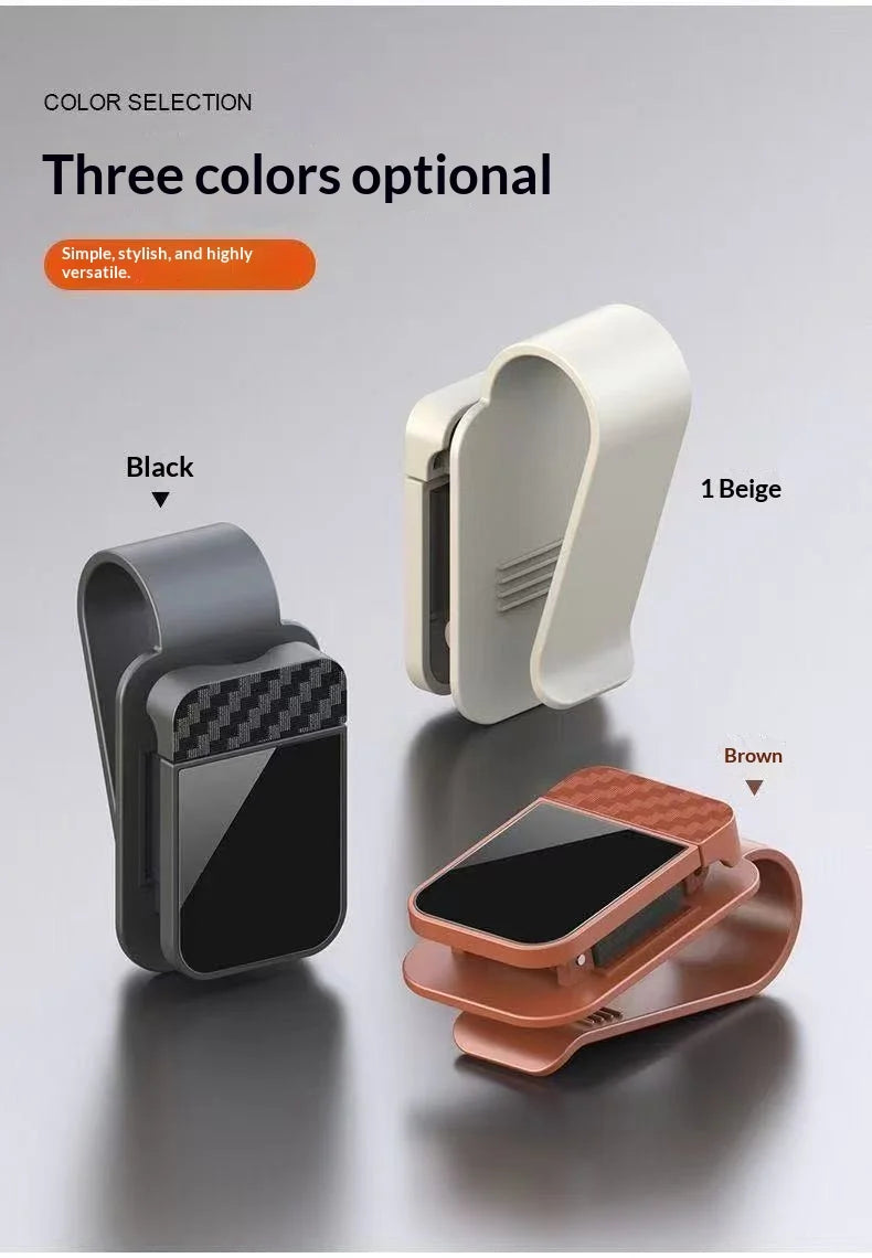Three color options for a car sunshade magnetic glasses holder shown in black, beige, and brown.