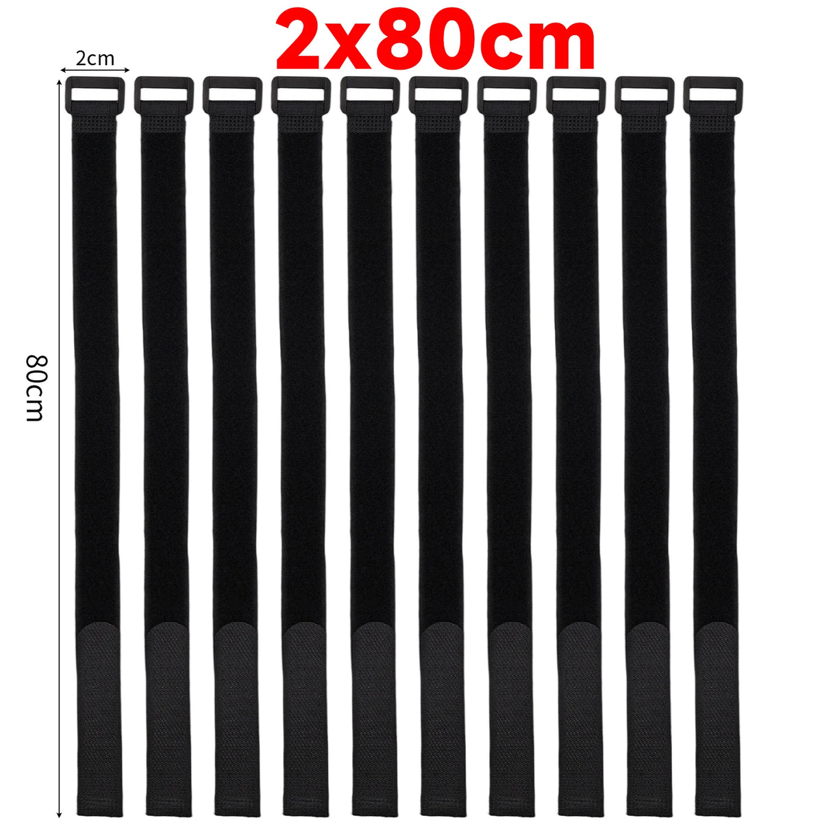A set of black reusable nylon cable ties with adjustable hook and loop fasteners displayed vertically.