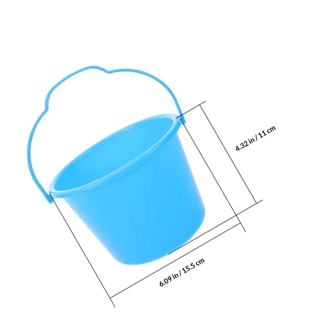 A set of six blue plastic water play buckets with handles shown against a white background.