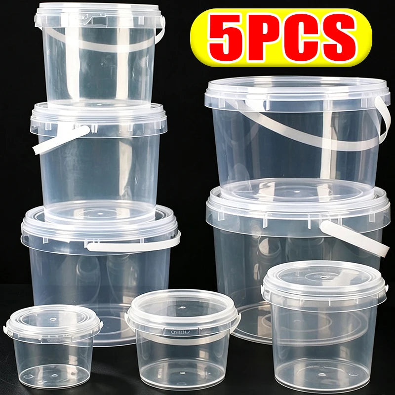 Five clear reusable storage containers with lids shown in various arrangements.
