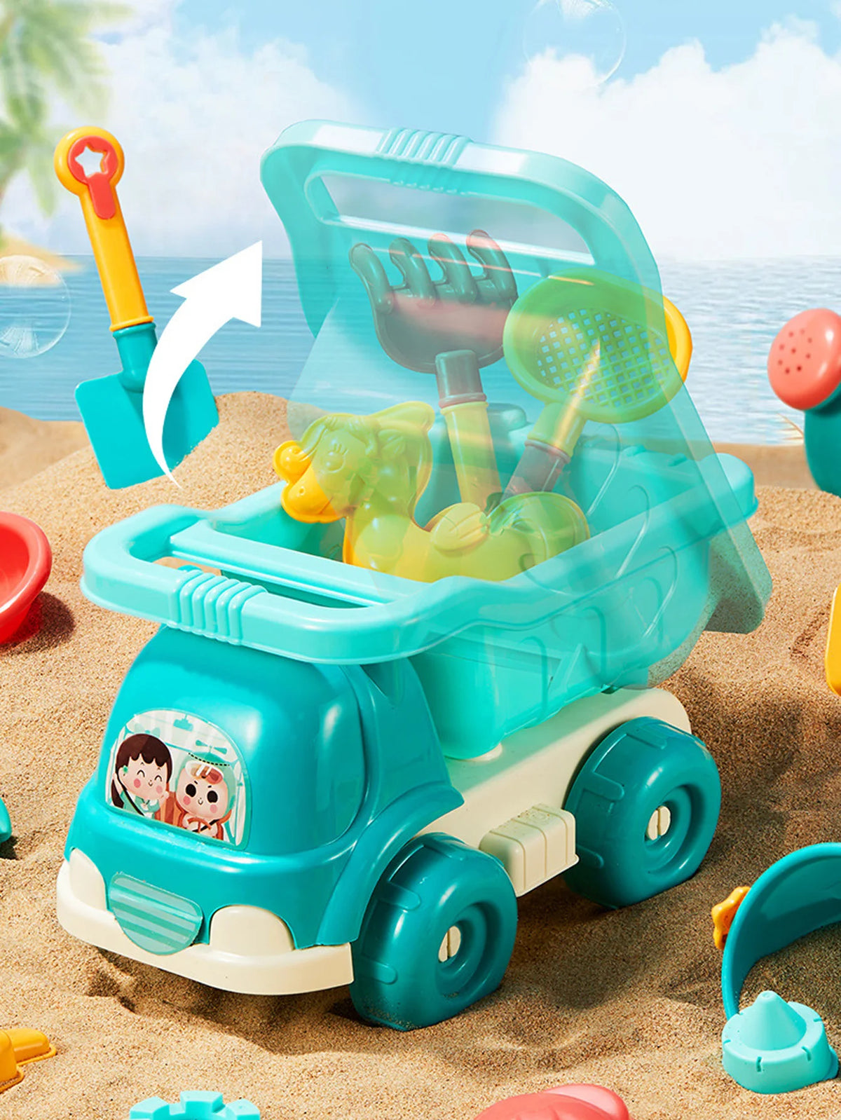 A teal beach toy set featuring a plastic beach cart filled with various sand and sea creatures for children.