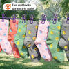 Two end hooks are easy to build for an elastic travel clothesline with non-slip clips holding colorful socks.
