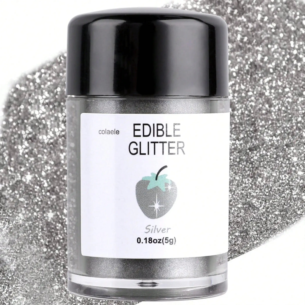 A glass jar of silver edible glitter powder labeled Silver 0.18oz for baking and dessert decoration