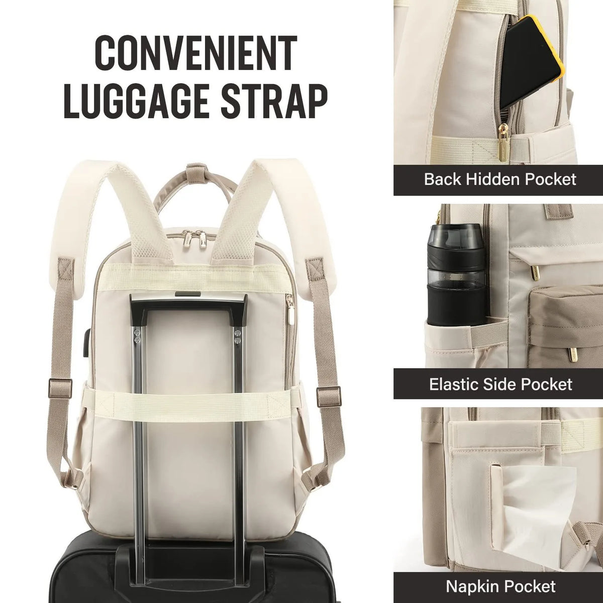 Women's Nylon Waterproof Casual Backpack with USB Port, Fits 15.6 Inch Laptop