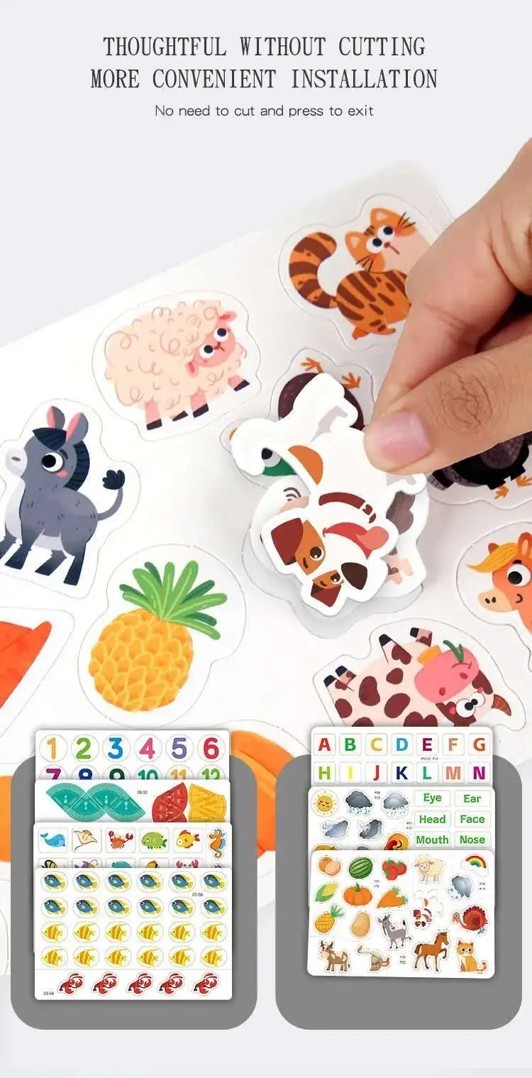 A set of sticker cards featuring various animals, vehicles, and dinosaurs for an interactive learning busy book.