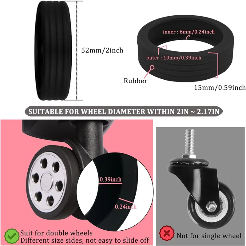 Black silicone wheel protectors for caster wheels, suitable for diameters between 2 and 2.17 inches.