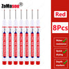 Eight red long nib marker tools for deep hole marking in woodworking and construction
