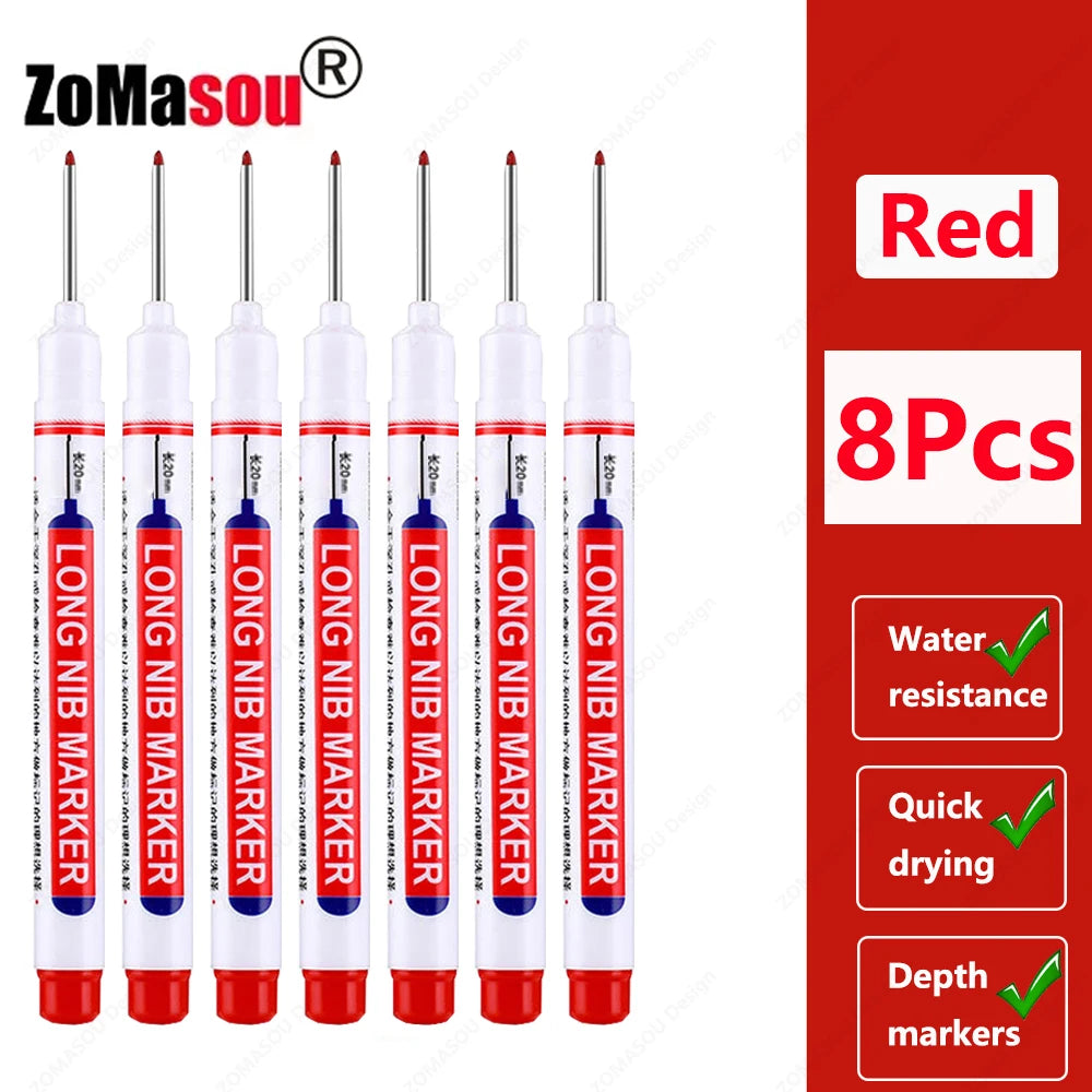 Eight red long nib marker tools for deep hole marking in woodworking and construction