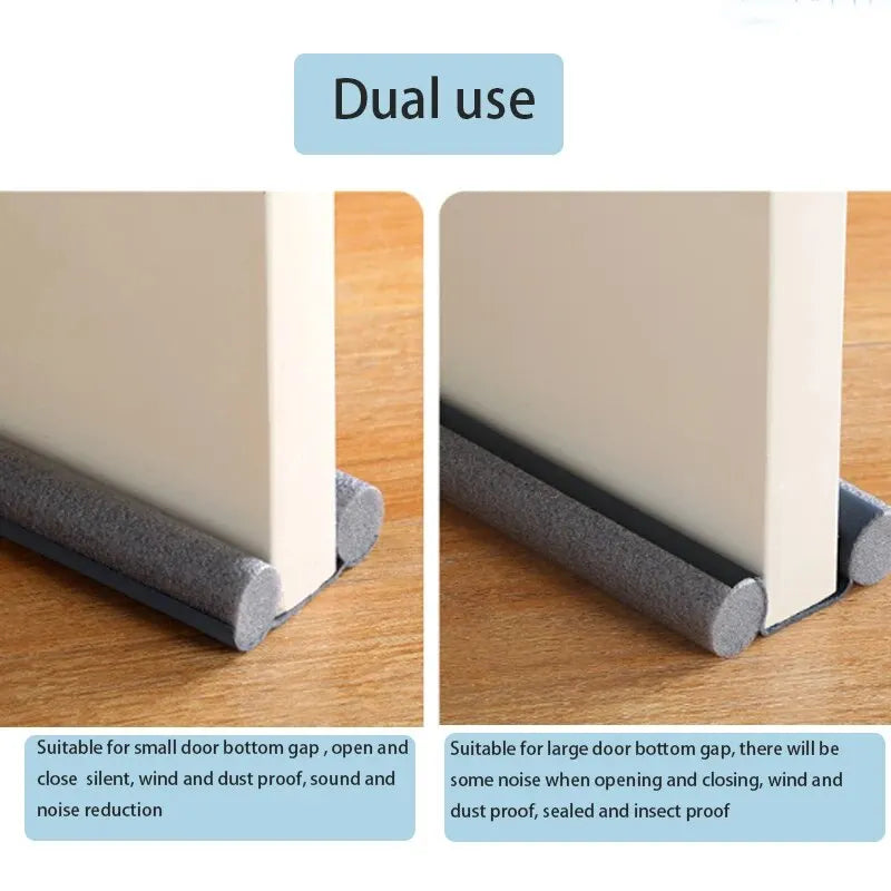 Joint de porte en caoutchouc flexible, vue en coupe, montrant son utilisation pour boucher les interstices sous les portes.