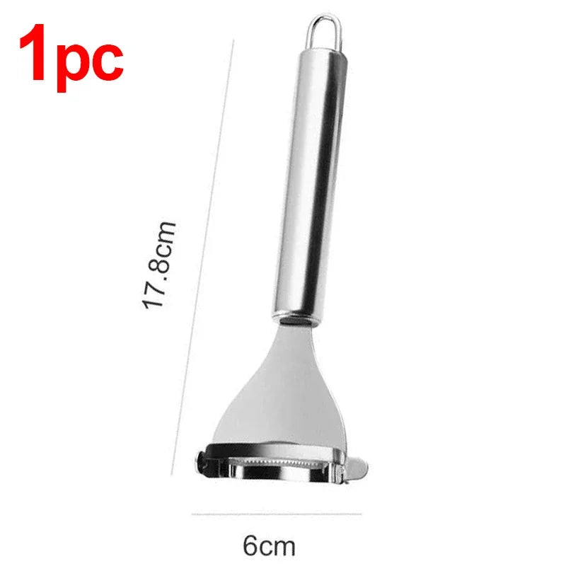 A stainless steel corn peeler with a long handle and a wide cutting blade.