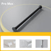 A black Pro Max shower curtain rod is shown against a gray background with close-ups of its components.