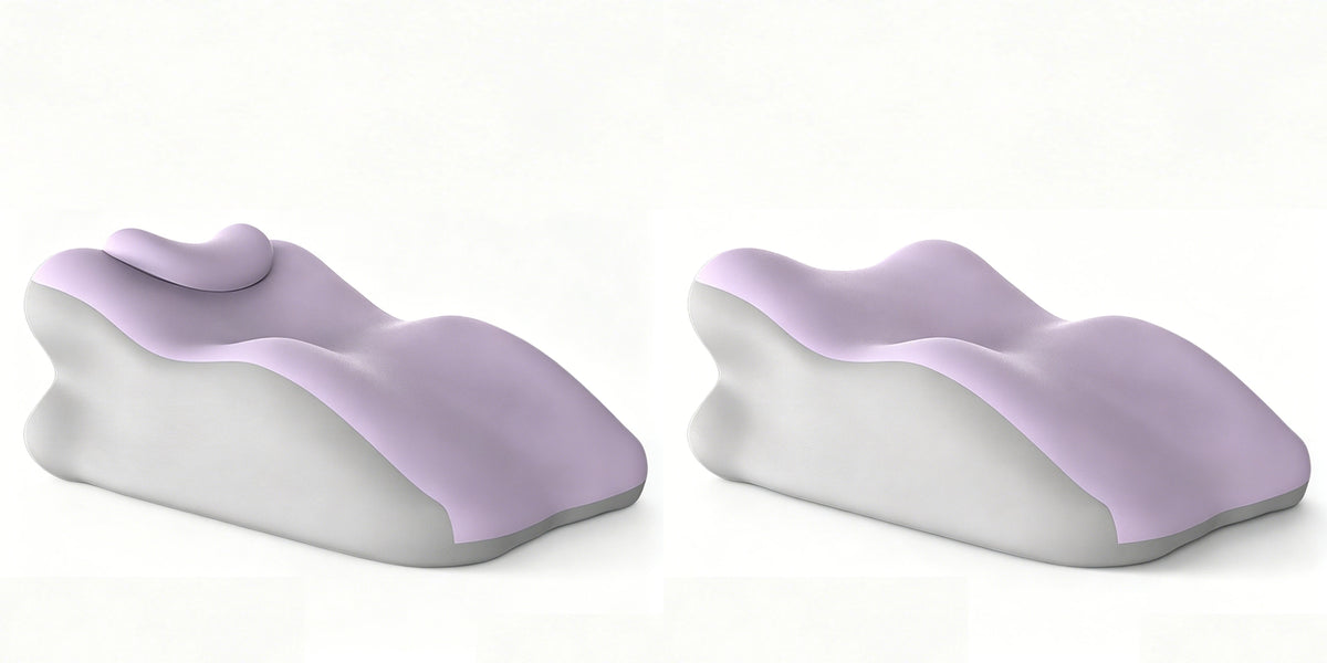 A light purple ergonomic memory foam wedge pillow with a contoured shape and detachable head rest.