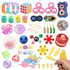 A collection of assorted fidget toys including spinners, pop-its, squishy toys, and stress relief items.