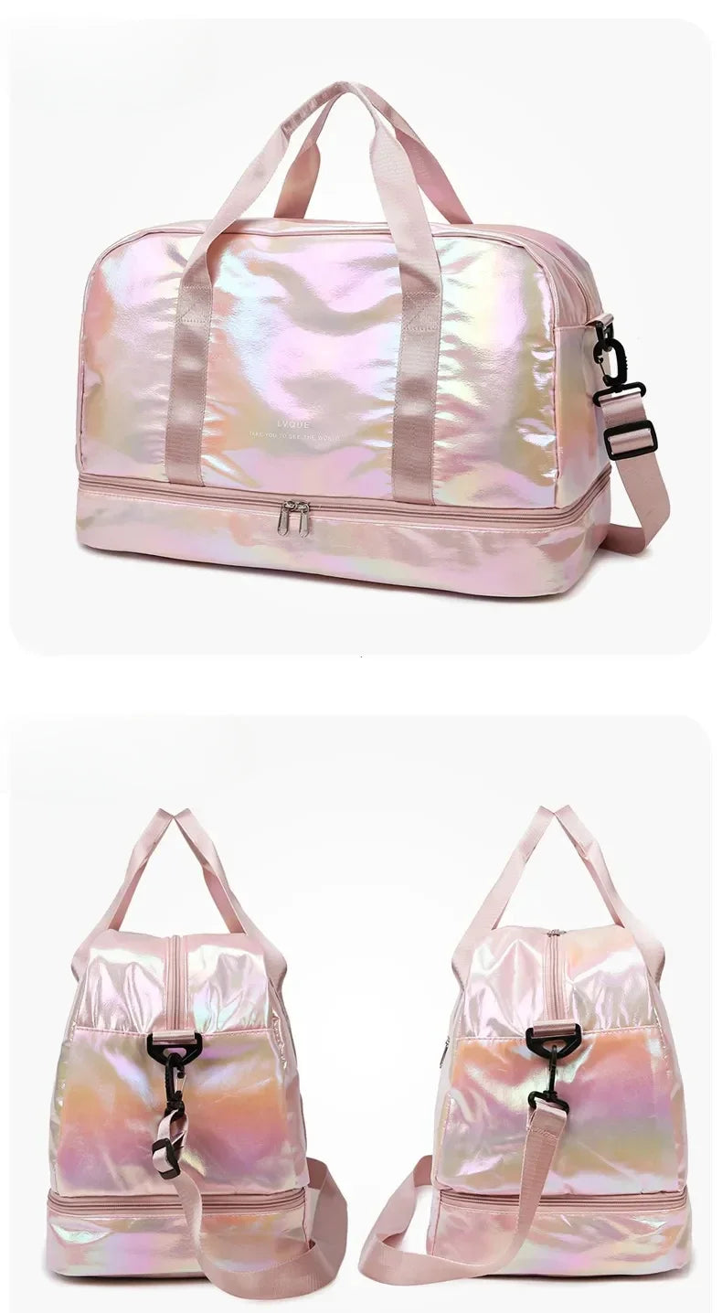 A pink iridescent travel duffel bag with handles and zipper, shown from the front.