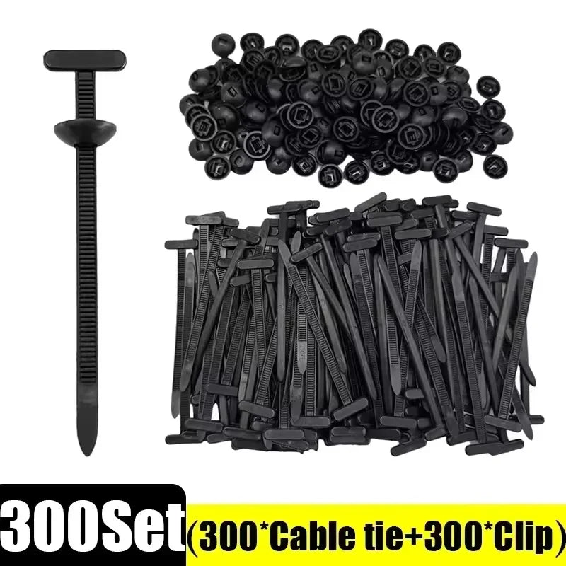 A set of 300 self-locking nylon cable tie buckles and clips for various repairs