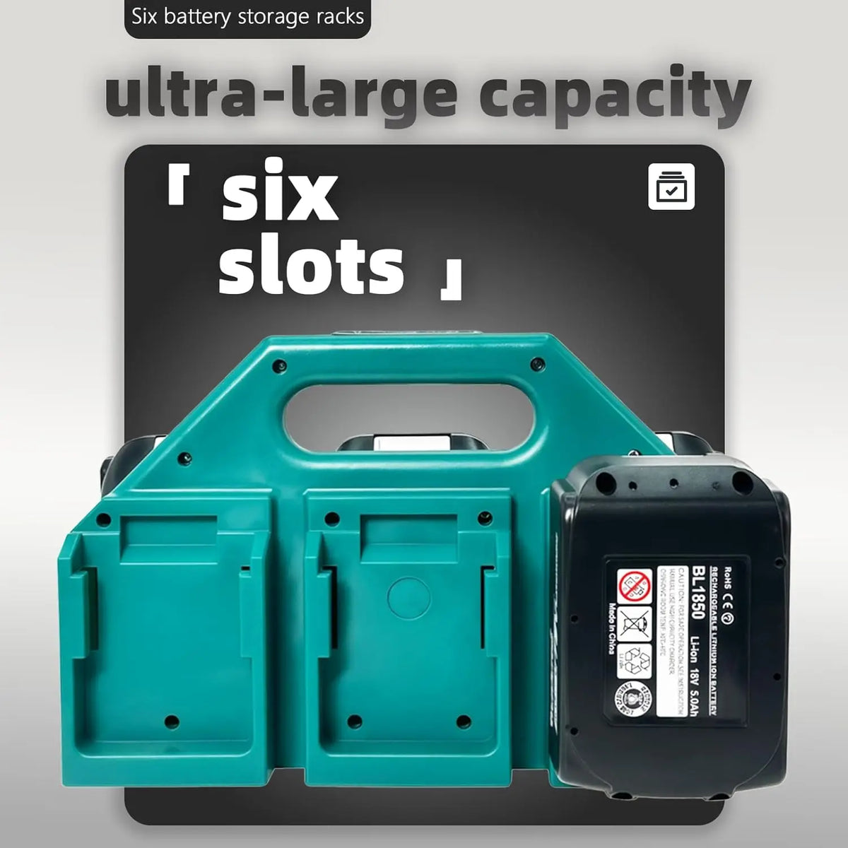 A teal battery storage case with six slots and a carry handle is shown against a dark background.
