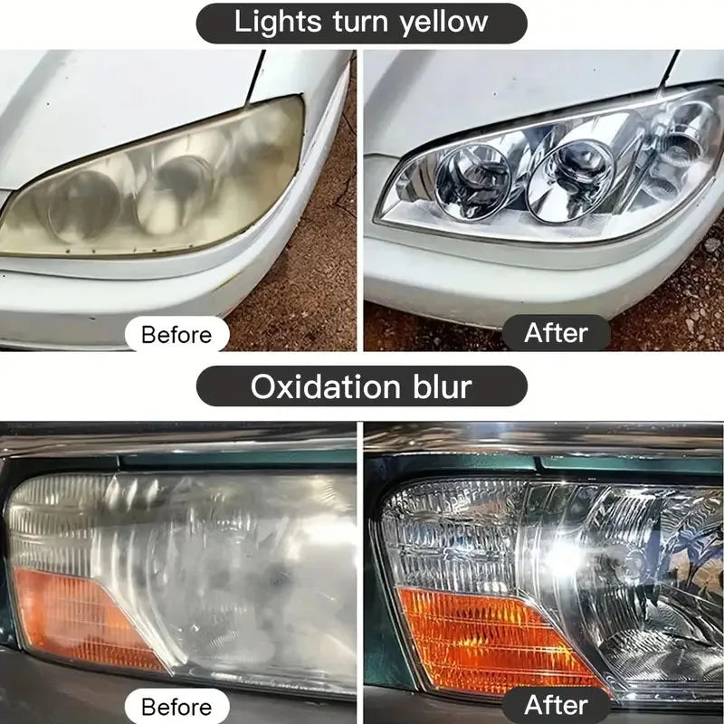 Before and after images showing the restoration of a car headlight, demonstrating removal of yellowing and oxidation blur.