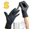 A hand wearing a black disposable nitrile glove is shown next to a large yellow letter S, illustrating glove sizing and featu