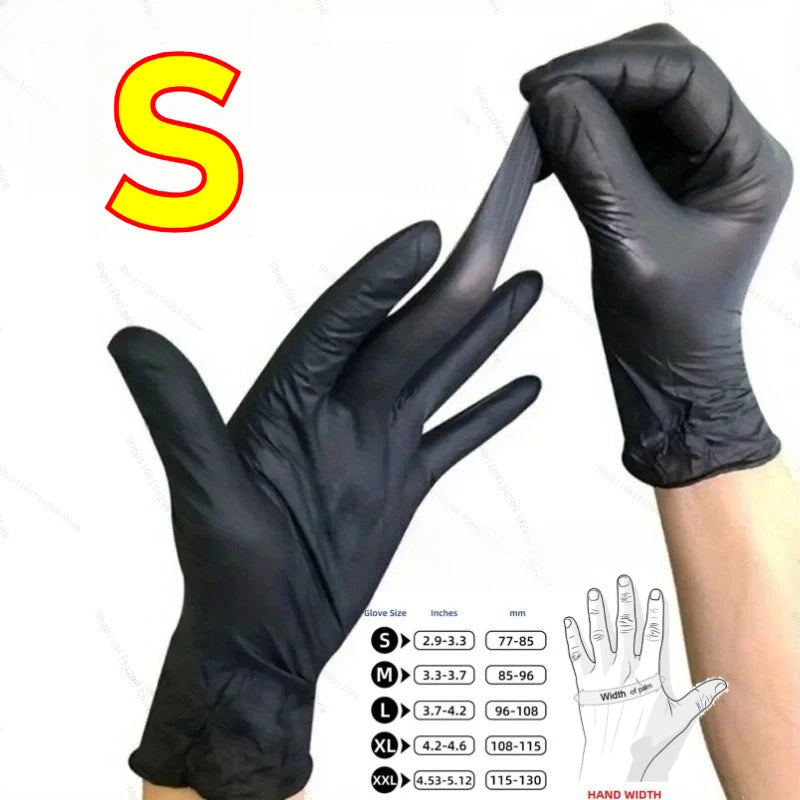 A hand wearing a black disposable nitrile glove is shown next to a large yellow letter S, illustrating glove sizing and featu