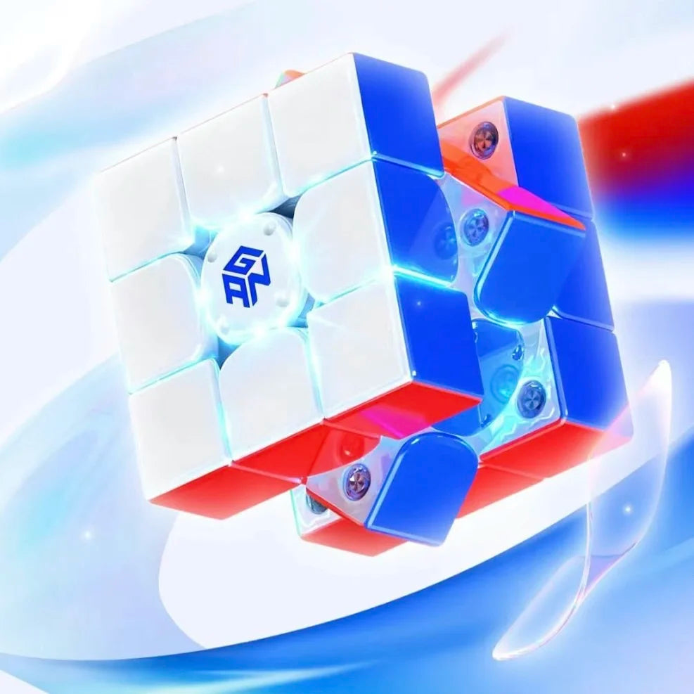 A blue and red GAN i4 Smart Maglev Magnetic 3x3 Speed Cube floating against a bright, light blue background.