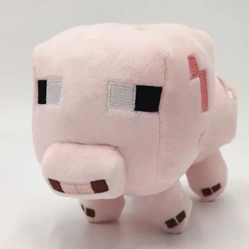 A soft pink plush doll resembling a blocky character with black eyes and a lightning bolt mark on its head.
