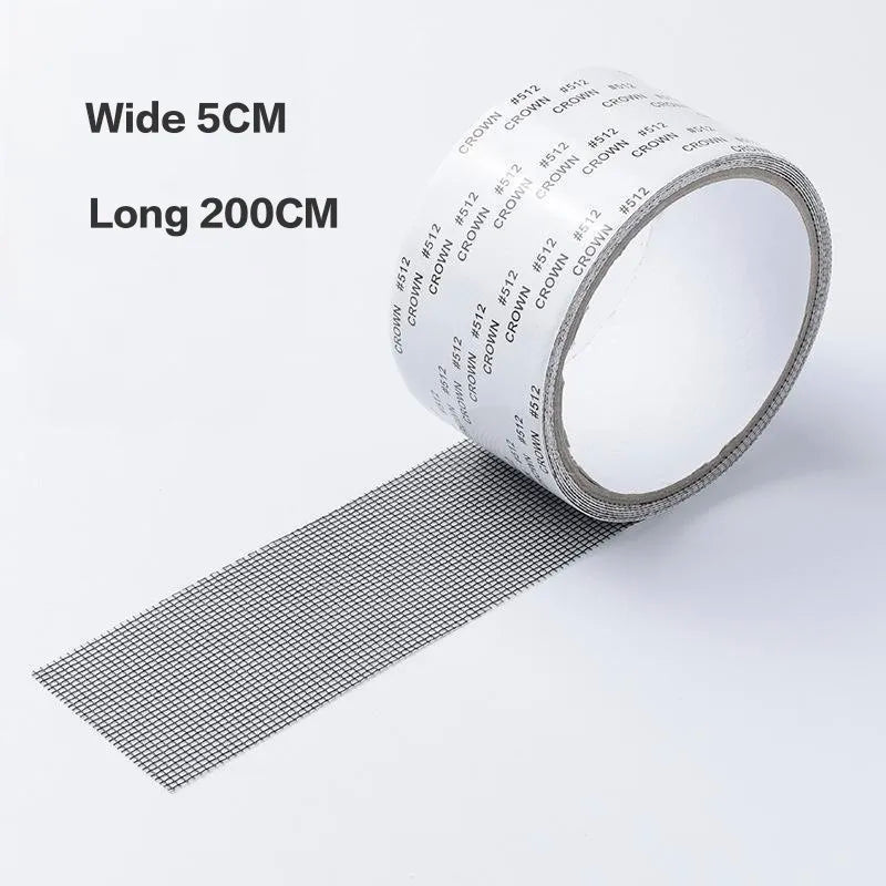 Roll of white self-adhesive window screen repair tape with Crown and 512 markings shown next to a strip of the same tape