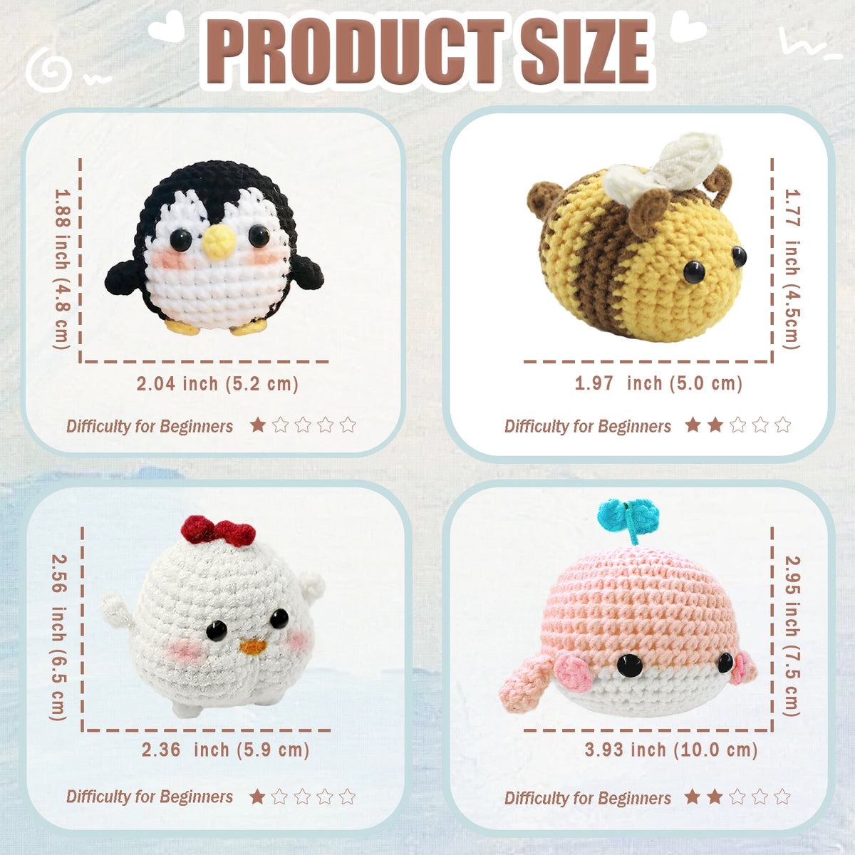 Four crochet animal toys are displayed with their respective sizes and difficulty ratings for beginners.