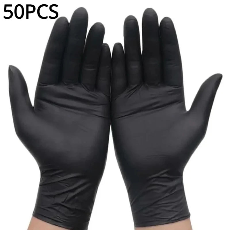 A pair of black disposable nitrile gloves shown against a white background.