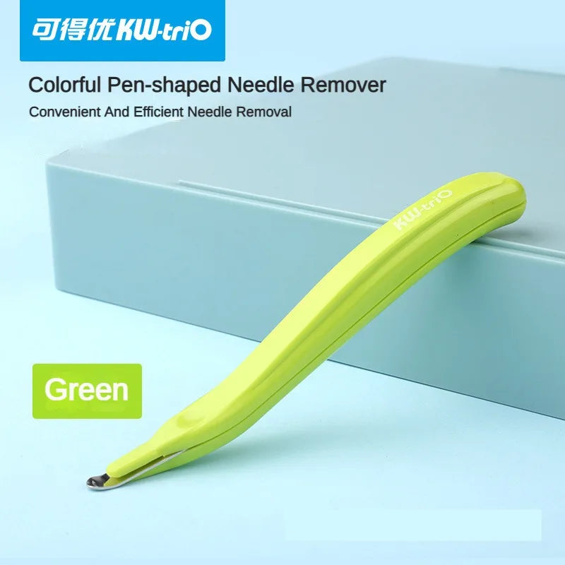 A yellow pen-shaped needle remover tool is shown resting on a light blue box.
