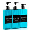A set of three blue liquid soap dispenser bottles labeled Conditioner, Body Soap, and Shampoo.