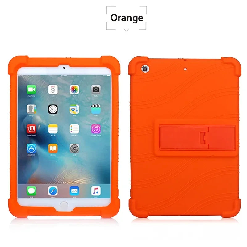 Orange silicone protective case with kickstand for an iPad Mini tablet.