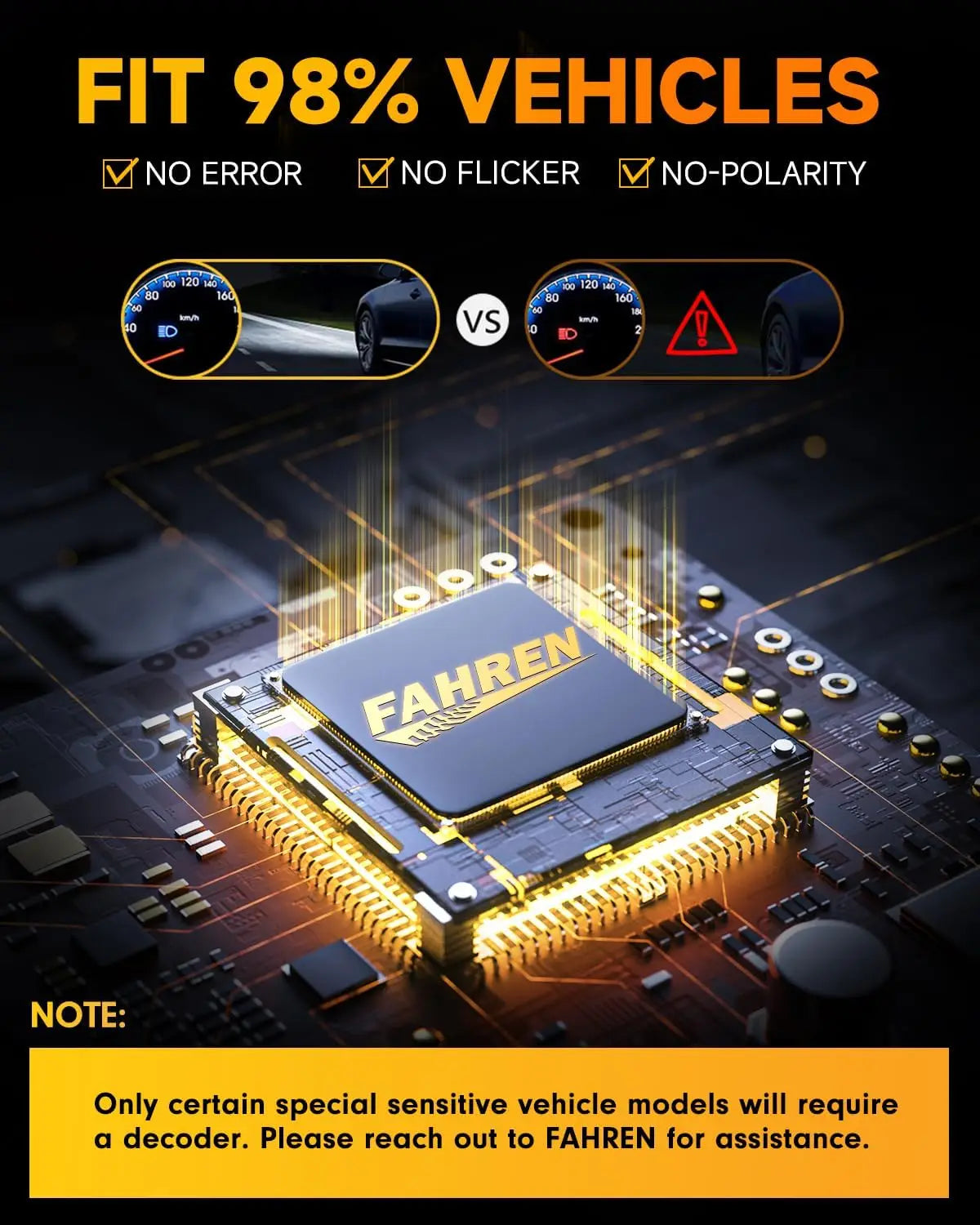 Close-up of a Fahren electronic component and LED headlight bulbs with performance claims.