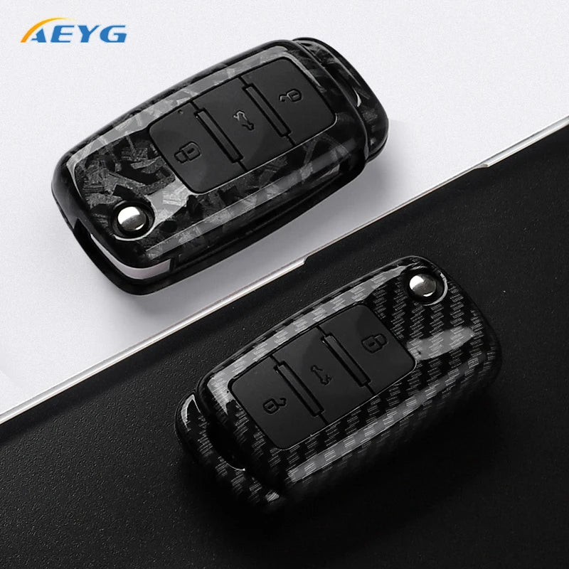 Black carbon fiber car key cover with electronic buttons for VW and Skoda models