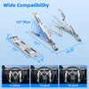 Foldable aluminum laptop stand shown in various angles and sizes for car steering wheels
