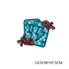 A square embroidered patch featuring a lightning bolt design in teal and green thread on a checkered fabric background.