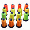 A collection of multi-colored polyester embroidery threads in various shades of orange, yellow, and green spools.