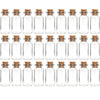 A row of small, clear glass bottles with cork stoppers arranged in a line.