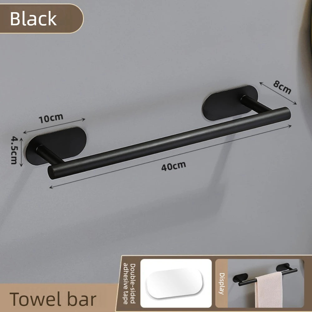 A black double-sided adhesive stainless steel towel bar mounted on a wall, showing its dimensions.