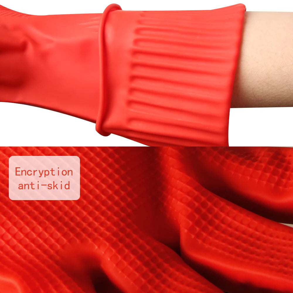 A close-up of a red silicone scrubbing dishwashing glove showing the textured surface and cuff.