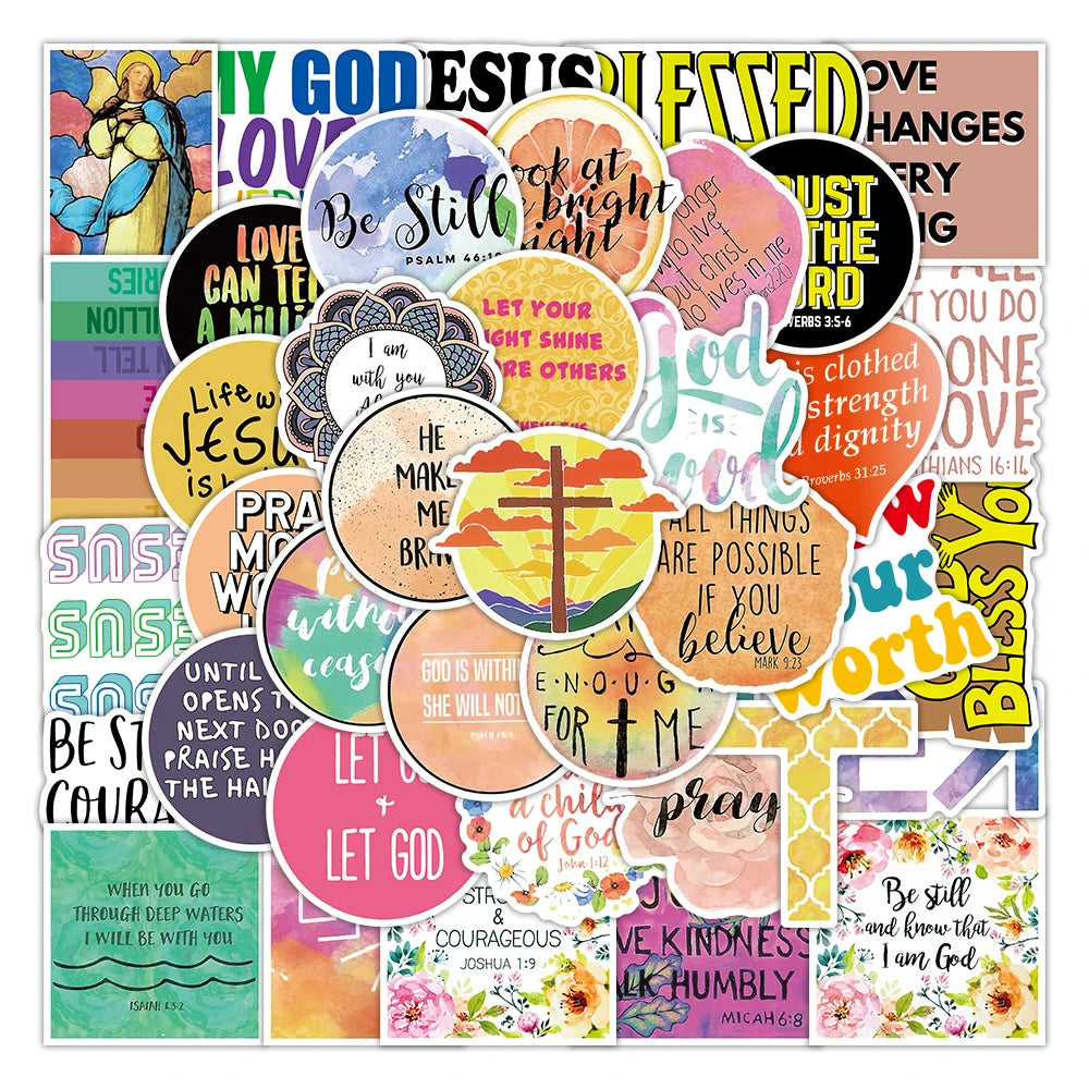 A collection of inspirational Bible verse stickers featuring various verses and scripture references.