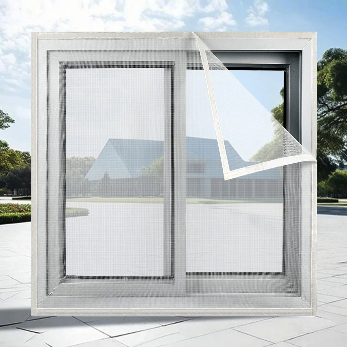 A modern window frame with a self-adhesive mesh screen installed, showing an outdoor landscape view.