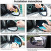 Installation instructions showing steps to clean and apply rain-proof film to a car mirror.