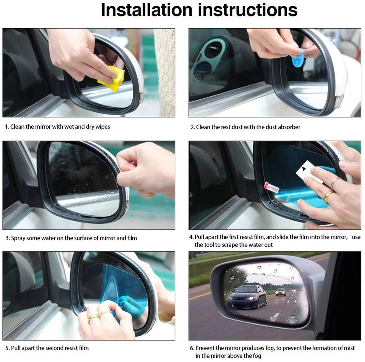 Installation instructions showing steps to clean and apply rain-proof film to a car mirror.