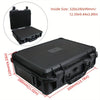 Black hard shell protective storage case for tools and instruments shown with internal dimensions and external measurements.