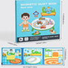 A box of a magnetic quiet book for boys featuring colorful illustrations and wooden components.
