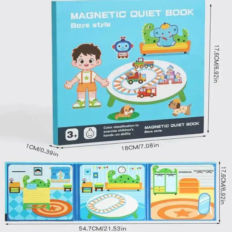A box of a magnetic quiet book for boys featuring colorful illustrations and wooden components.